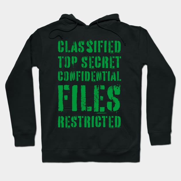 Classified Files Typography Stack (Green) Hoodie by John Uttley